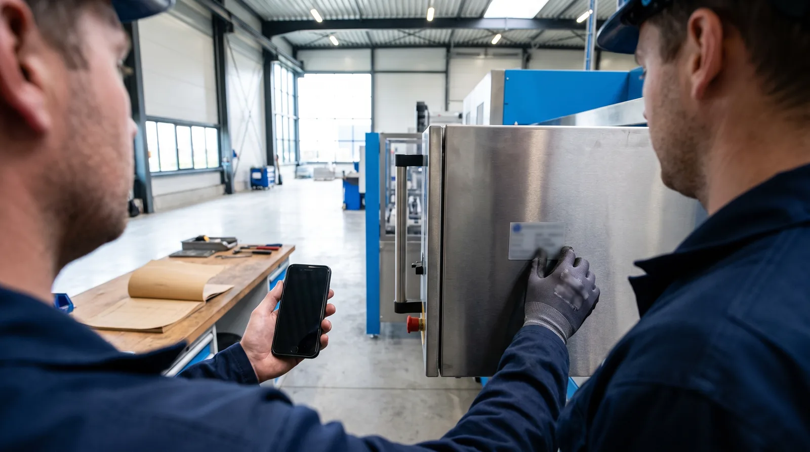 Monteur meldt een storing op zijn telefoon naast een machine in een productiehal