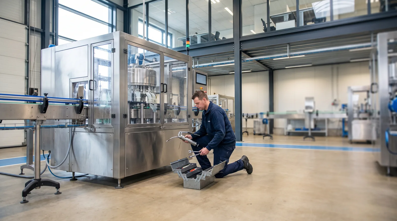 Monteur voert gepland onderhoud uit aan een industriële machine in een productiehal